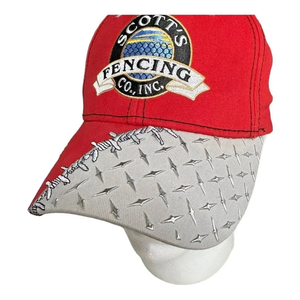 Scott's Fencing Co Diamond Plated Baseball Cap Red Adjustable Strap Triple Crown